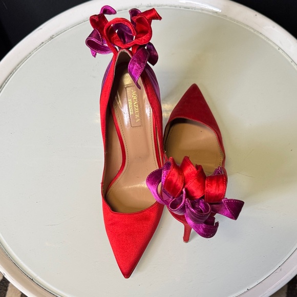 Aquazzura Firenze Shoes - SHOWSTOPPERS! AQUAZZURA GORGEOUS HEELS! red satin and purple leather